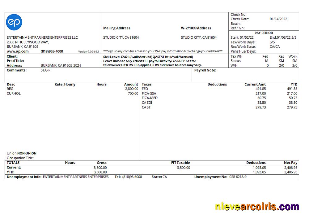 USA Entertainment Partners Enterprises financial company pay stub
